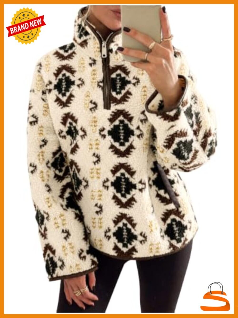 Sherpa Fleece Quarter Zip Pullover Sweatshirt Western Aztec Faux Leather Trim